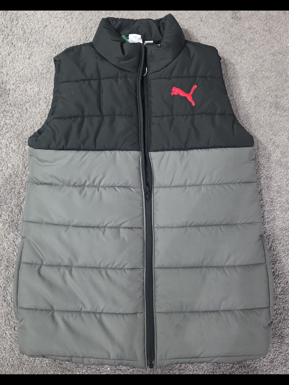 Nike Boys' Black and Gray Puffer Vest with Red Logo